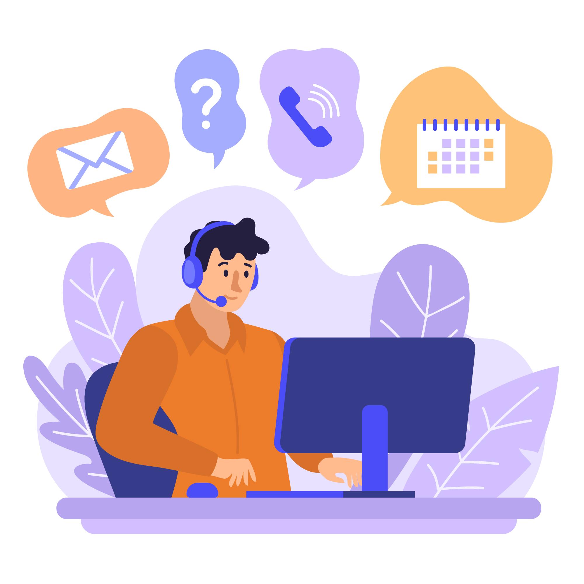 A person is sitting in front of a laptop wearing a headset. Above them, four icons pop up: an envelope, a question mark, a phone, and a calendar.